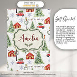 Watercolor Christmas Village with Red Houses Cars and Snowy Trees  Personalised Custom Name Super Soft Fleece Blanket Bed Sofa Throw