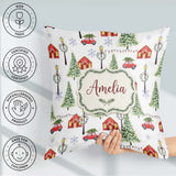Custom Name Watercolor Christmas Village with Red Cars and Snowy Square Filled Cushion Throw Pillow Sofa Bed Home Decor Zip Washable UK Made