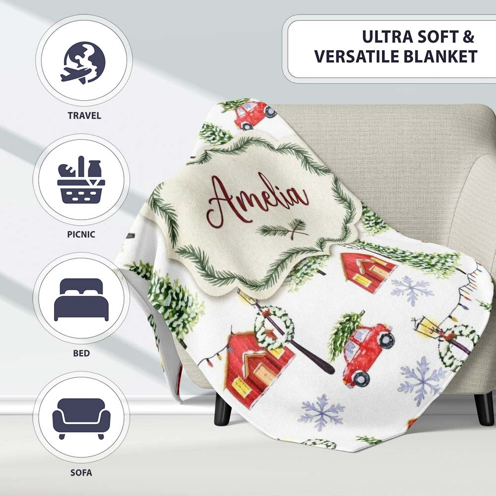 Watercolor Christmas Village with Red Houses Cars and Snowy Trees  Personalised Custom Name Super Soft Fleece Blanket Bed Sofa Throw