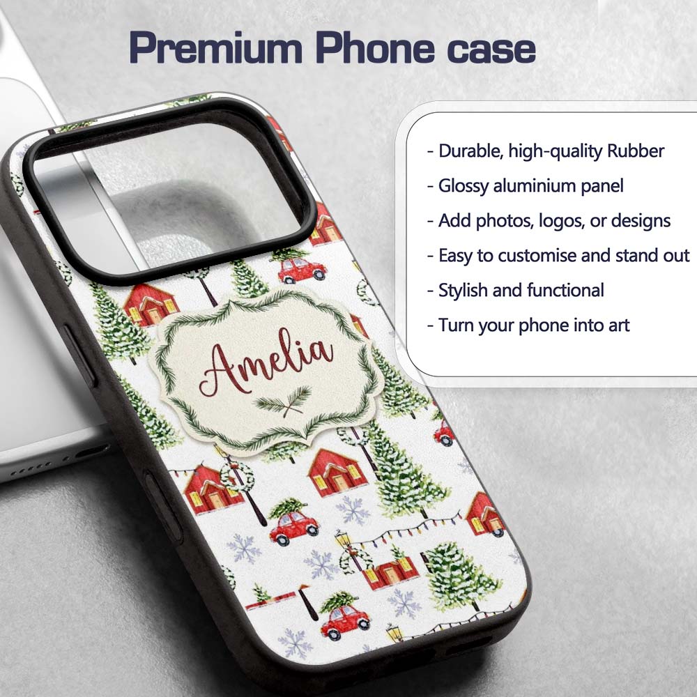 Watercolor Christmas Village with Red Houses Cars Custom Name Protective Phone Case Mobile Cover Durable Everyday Smartphone Shock Resistant