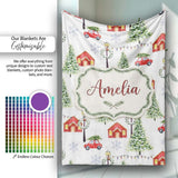 Watercolor Christmas Village with Red Houses Cars and Snowy Trees  Personalised Custom Name Super Soft Fleece Blanket Bed Sofa Throw