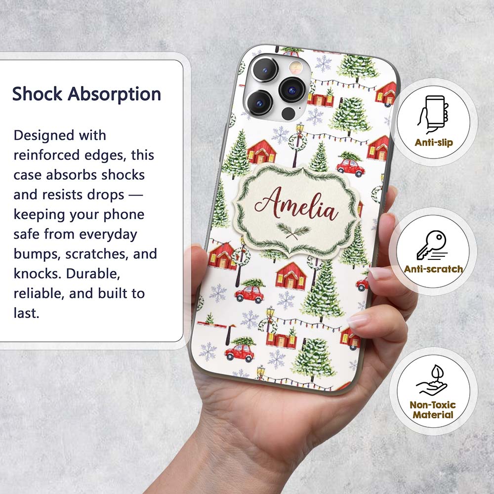Watercolor Christmas Village with Red Houses Cars Custom Name Protective Phone Case Mobile Cover Durable Everyday Smartphone Shock Resistant