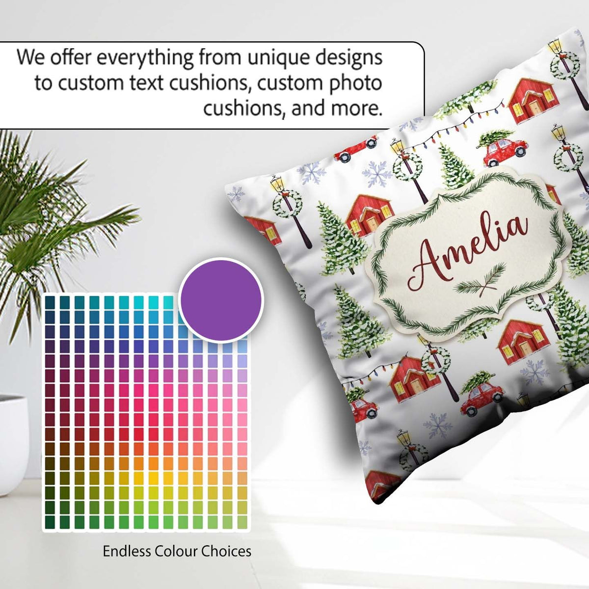 Custom Name Watercolor Christmas Village with Red Cars and Snowy Square Filled Cushion Throw Pillow Sofa Bed Home Decor Zip Washable UK Made