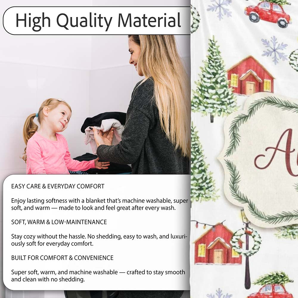 Watercolor Christmas Village with Red Houses Cars and Snowy Trees  Personalised Custom Name Super Soft Fleece Blanket Bed Sofa Throw