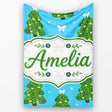 Festive Christmas Trees with White Bows and Stars on Blue Background  Personalised Custom Name Super Soft Fleece Blanket Bed Sofa Throw