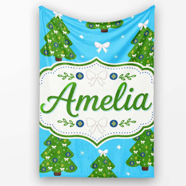 Festive Christmas Trees with White Bows and Stars on Blue Background  Personalised Custom Name Super Soft Fleece Blanket Bed Sofa Throw