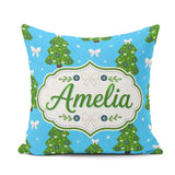 Custom Name Festive Christmas Trees with White Bows and Stars on Square Filled Cushion Throw Pillow Sofa Bed Home Decor Zip Washable UK Made