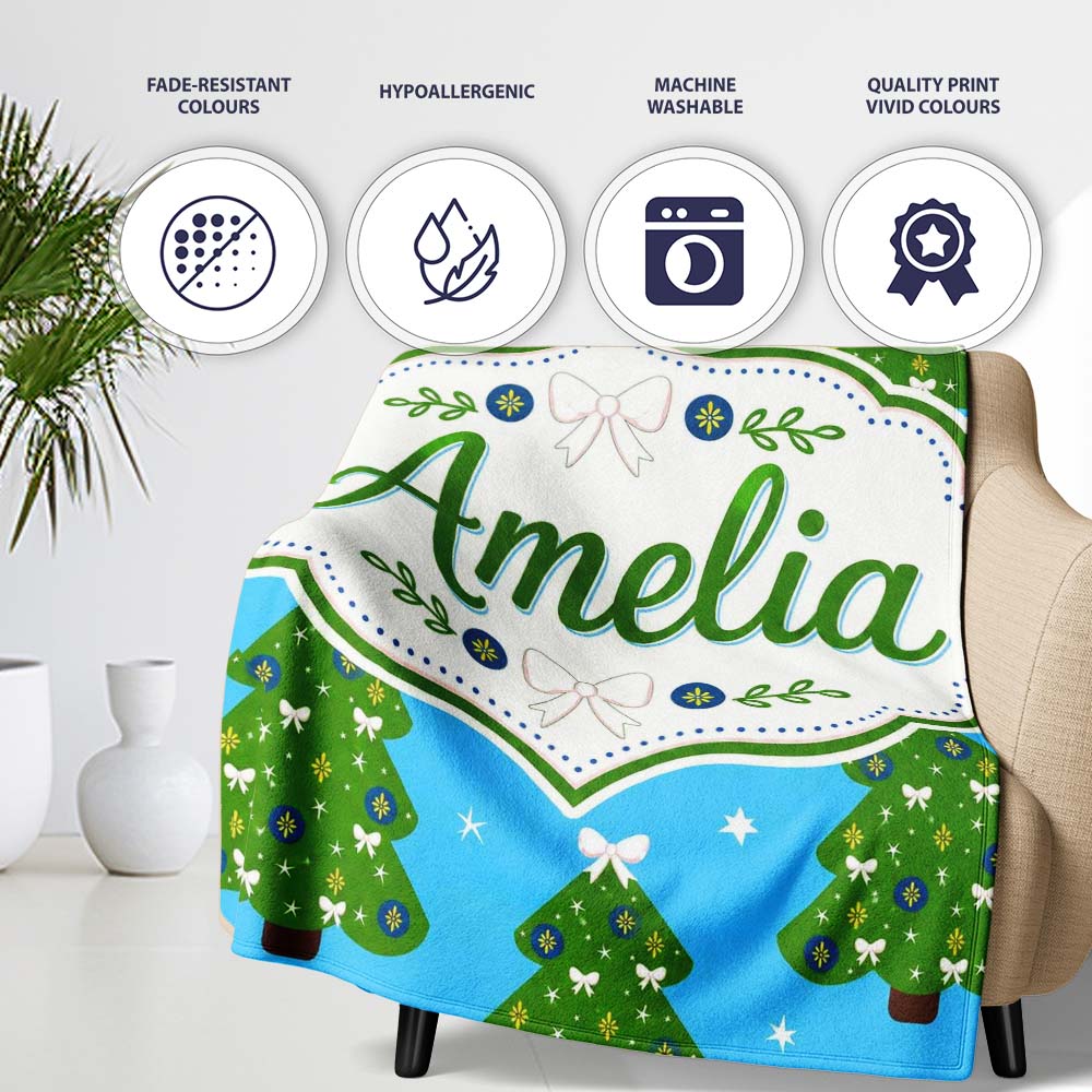 Festive Christmas Trees with White Bows and Stars on Blue Background  Personalised Custom Name Super Soft Fleece Blanket Bed Sofa Throw