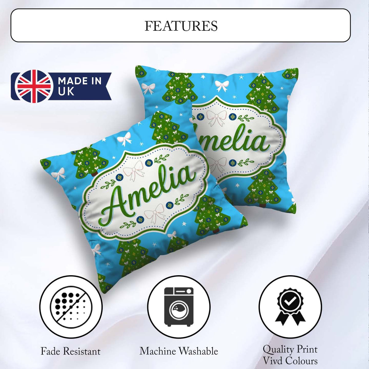 Custom Name Festive Christmas Trees with White Bows and Stars on Square Filled Cushion Throw Pillow Sofa Bed Home Decor Zip Washable UK Made