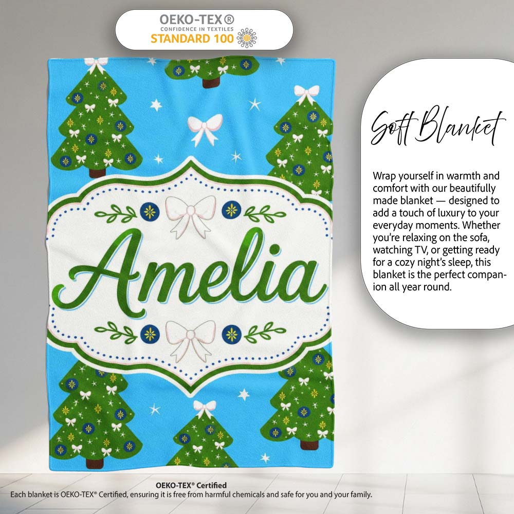 Festive Christmas Trees with White Bows and Stars on Blue Background  Personalised Custom Name Super Soft Fleece Blanket Bed Sofa Throw