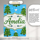 Festive Christmas Trees with White Bows and Stars on Blue Background  Personalised Custom Name Super Soft Fleece Blanket Bed Sofa Throw