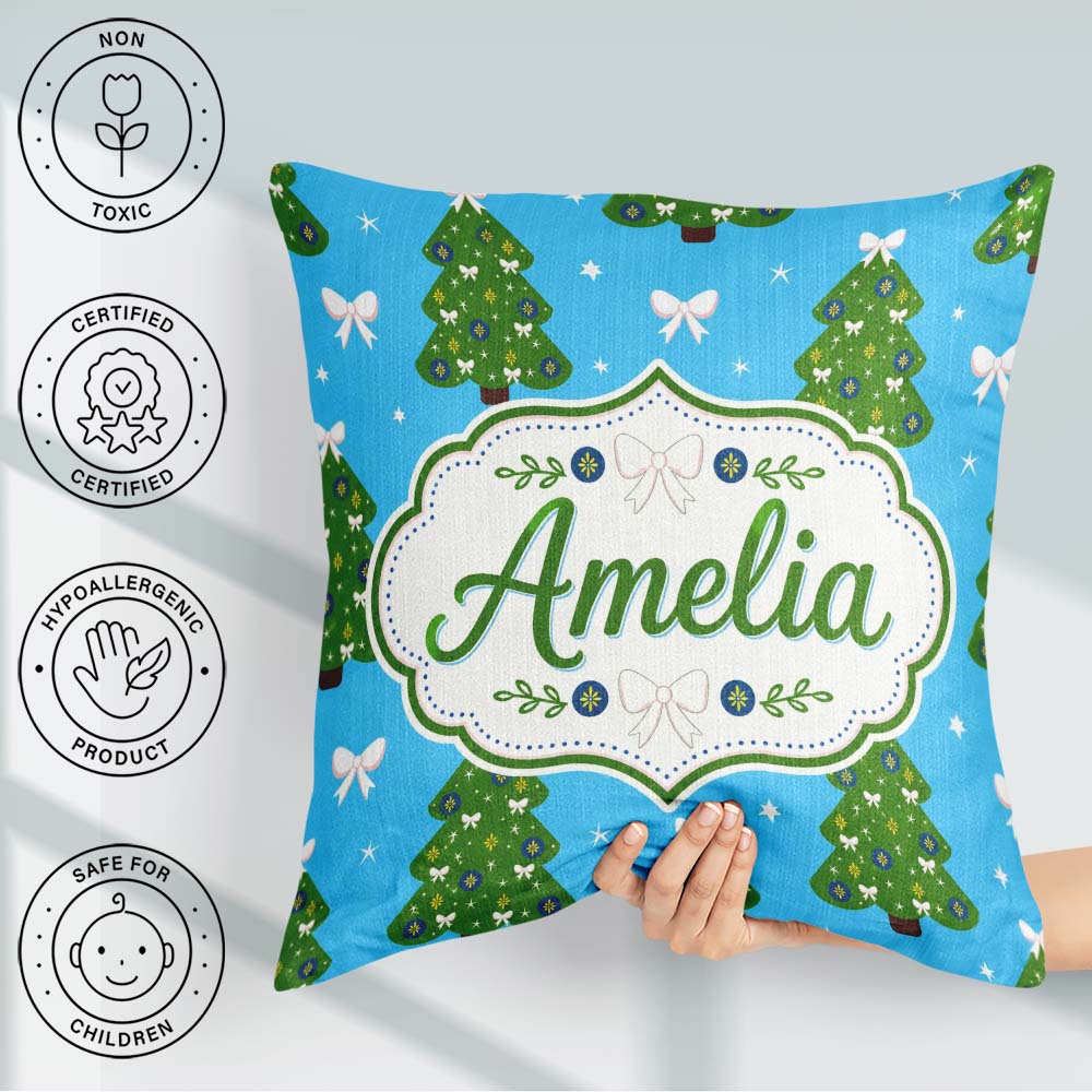 Custom Name Festive Christmas Trees with White Bows and Stars on Square Filled Cushion Throw Pillow Sofa Bed Home Decor Zip Washable UK Made