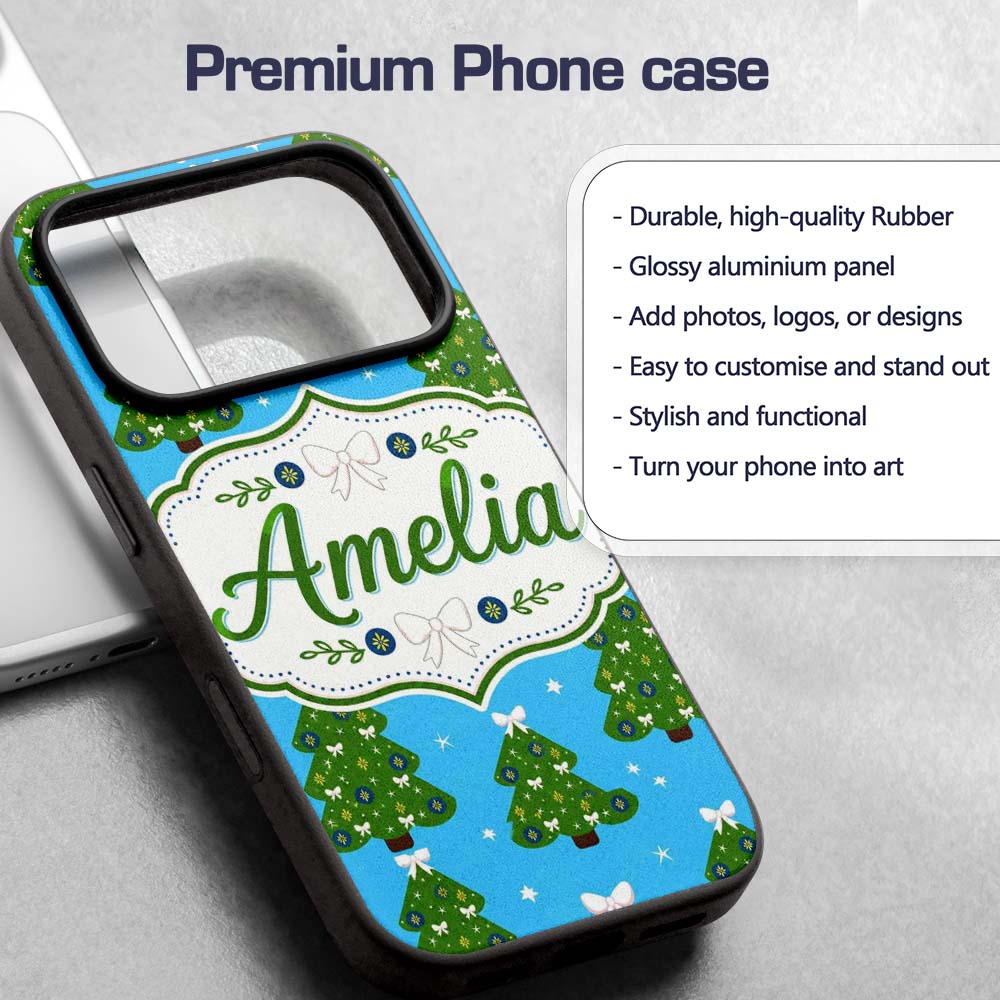 Festive Christmas Trees with White Bows and Stars Custom Name Protective Phone Case Mobile Cover Durable Everyday Smartphone Shock Resistant