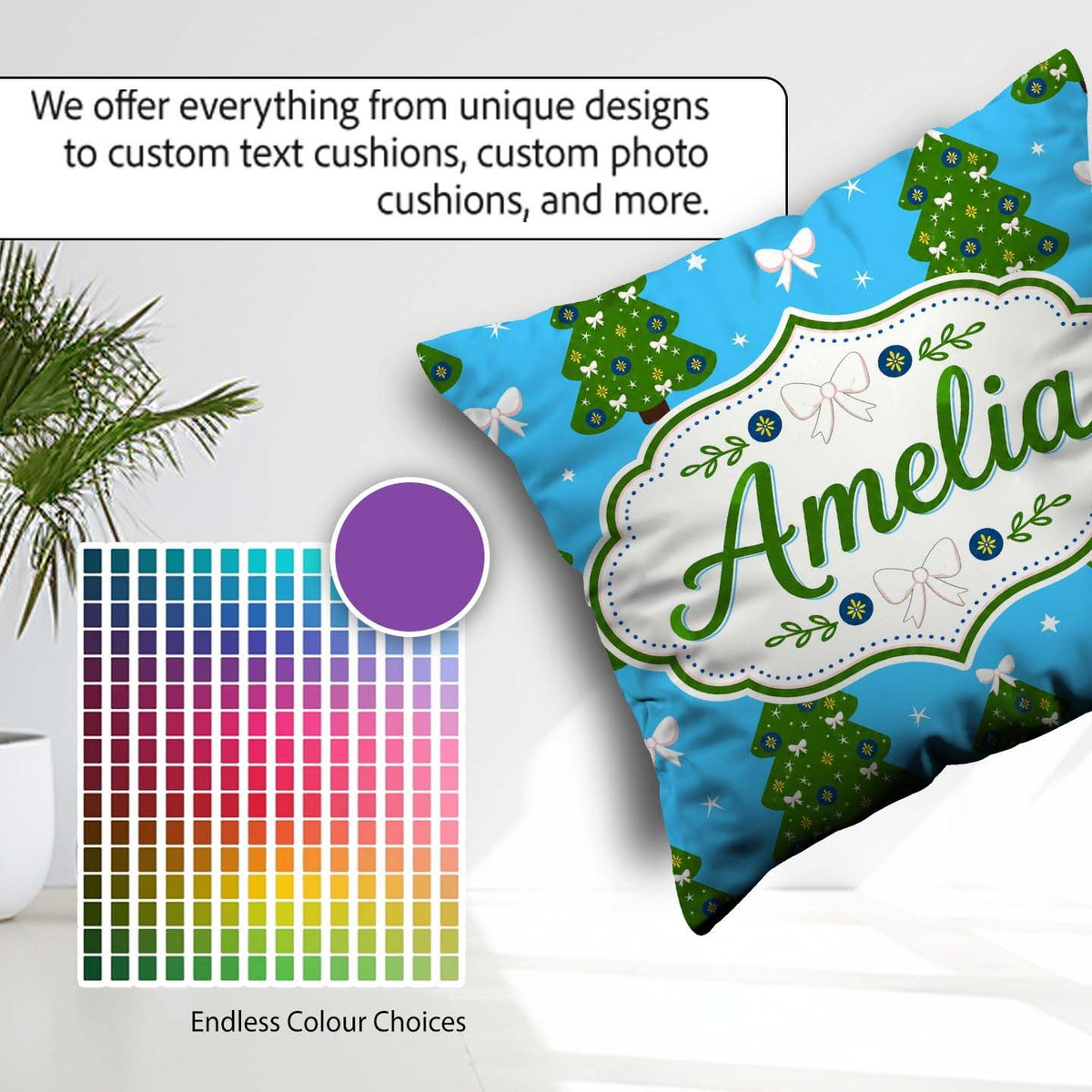 Custom Name Festive Christmas Trees with White Bows and Stars on Square Filled Cushion Throw Pillow Sofa Bed Home Decor Zip Washable UK Made
