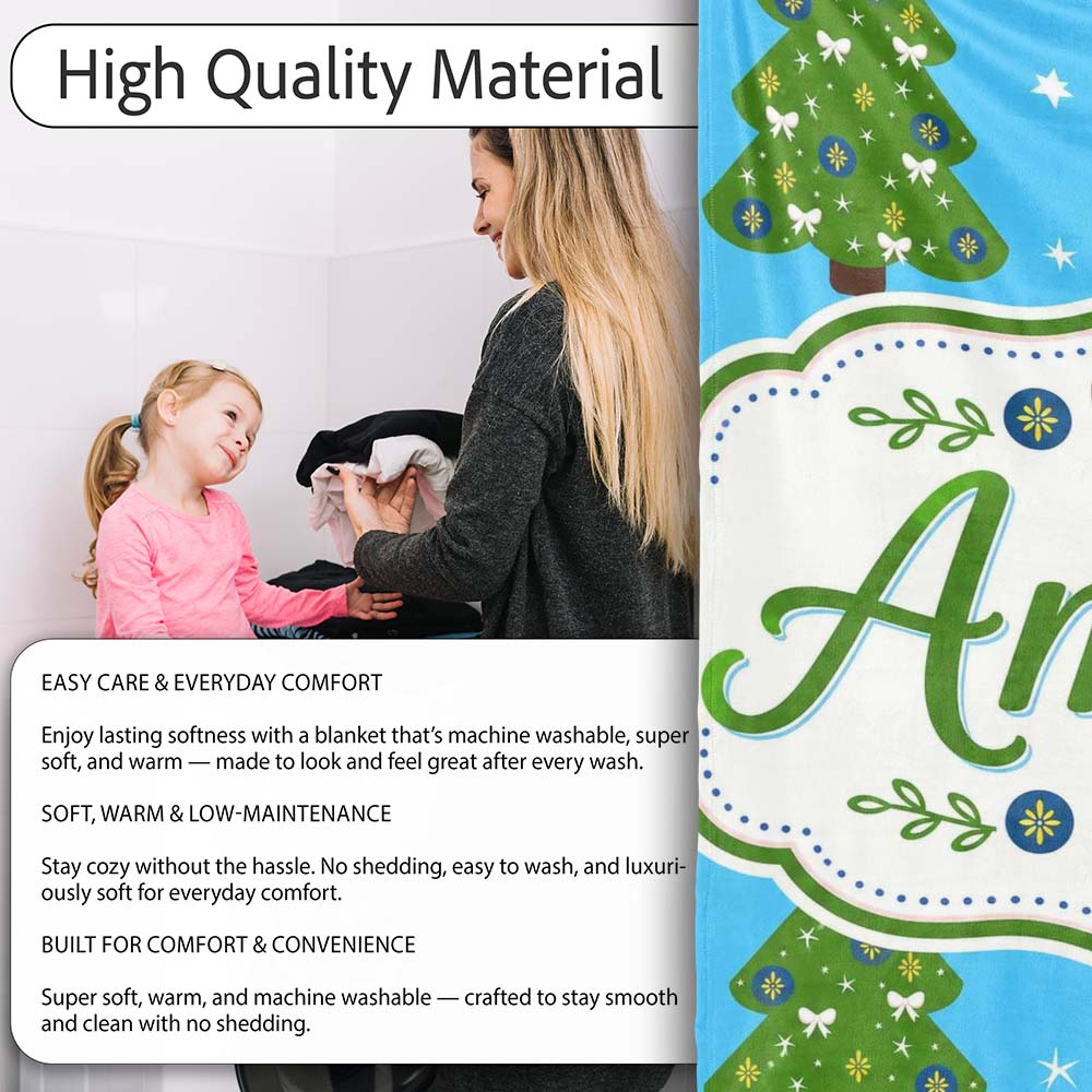 Festive Christmas Trees with White Bows and Stars on Blue Background  Personalised Custom Name Super Soft Fleece Blanket Bed Sofa Throw