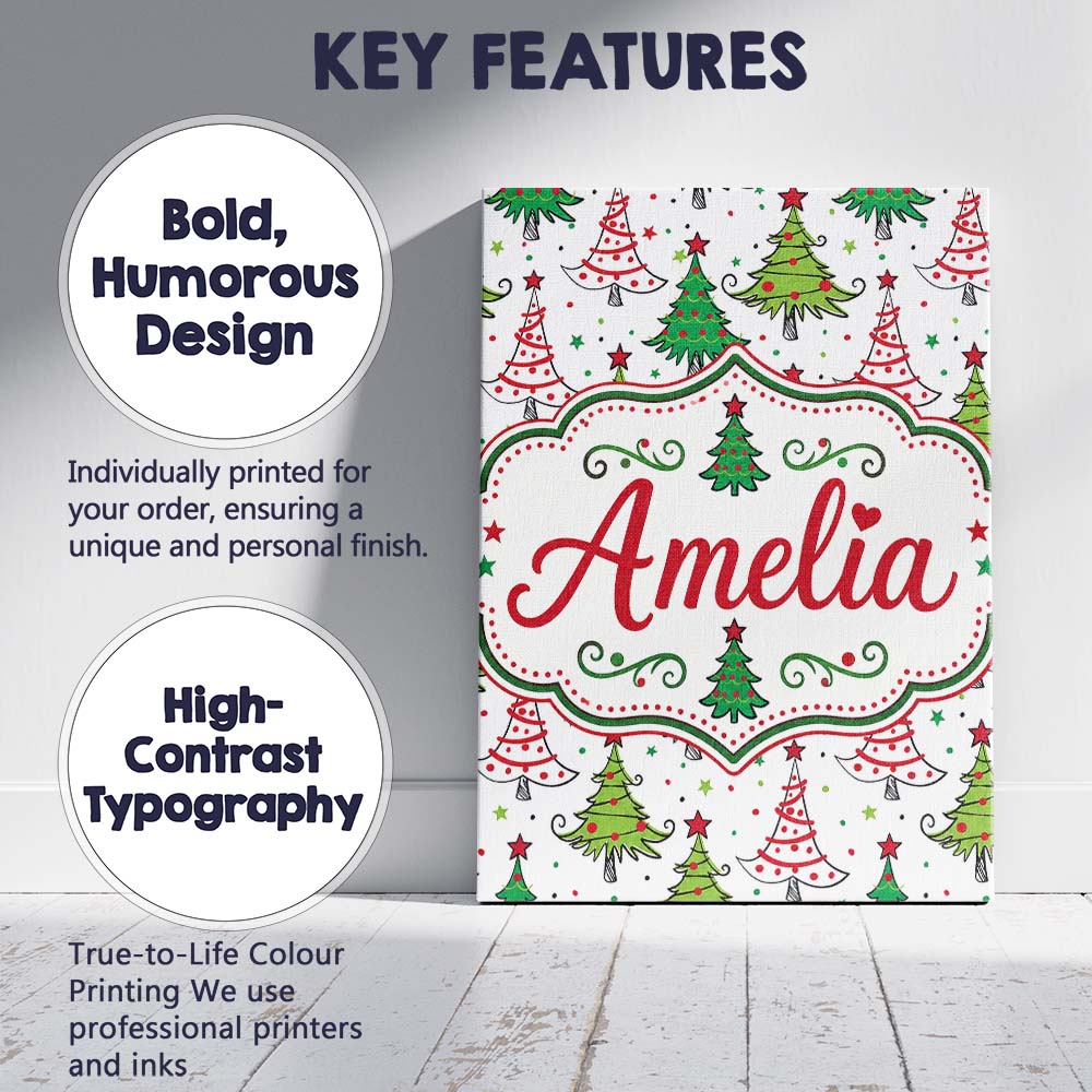 Personalised Name Whimsical Christmas Trees Custom  Bespoke Interior Contemporary Canvas Wall Art Print Decor Picture Ready to Hang