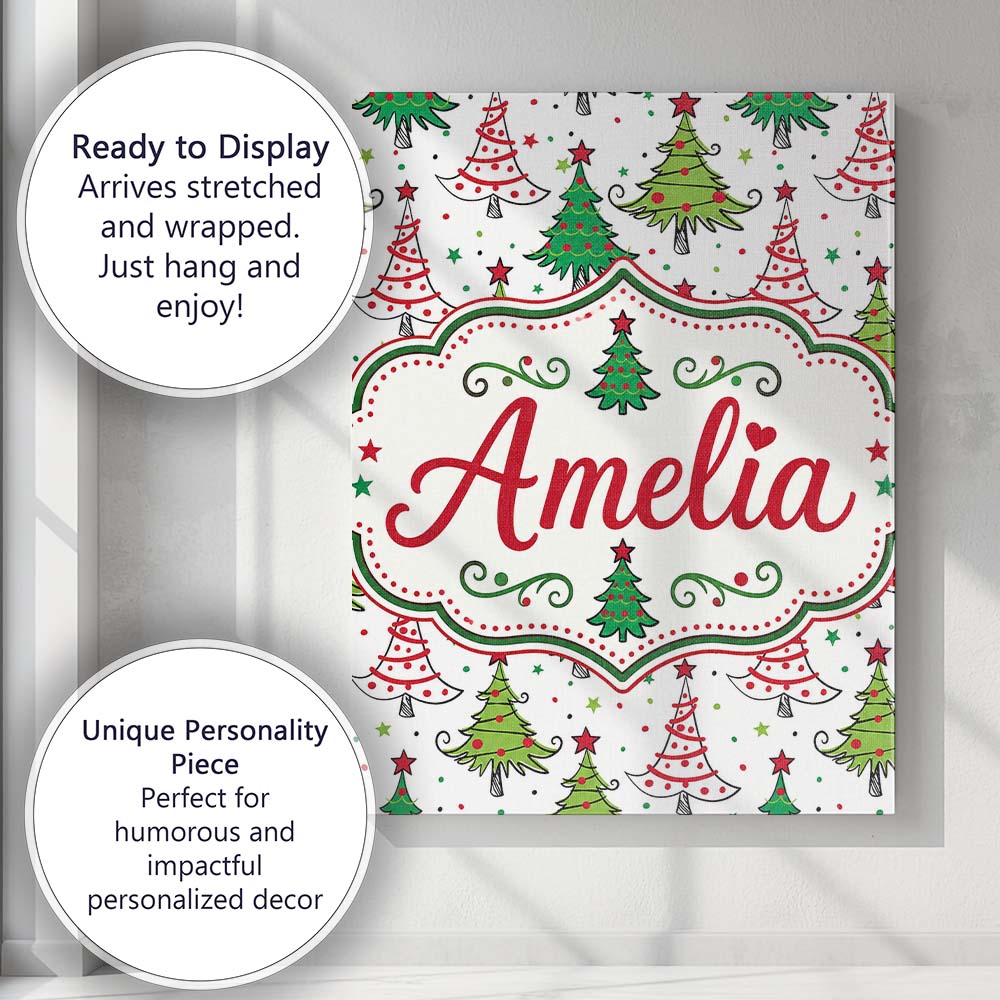 Personalised Name Whimsical Christmas Trees Custom  Bespoke Interior Contemporary Canvas Wall Art Print Decor Picture Ready to Hang