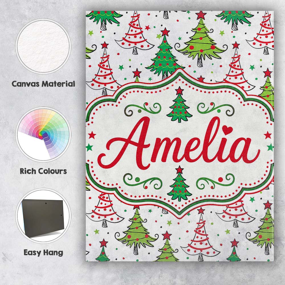 Personalised Name Whimsical Christmas Trees Custom  Bespoke Interior Contemporary Canvas Wall Art Print Decor Picture Ready to Hang