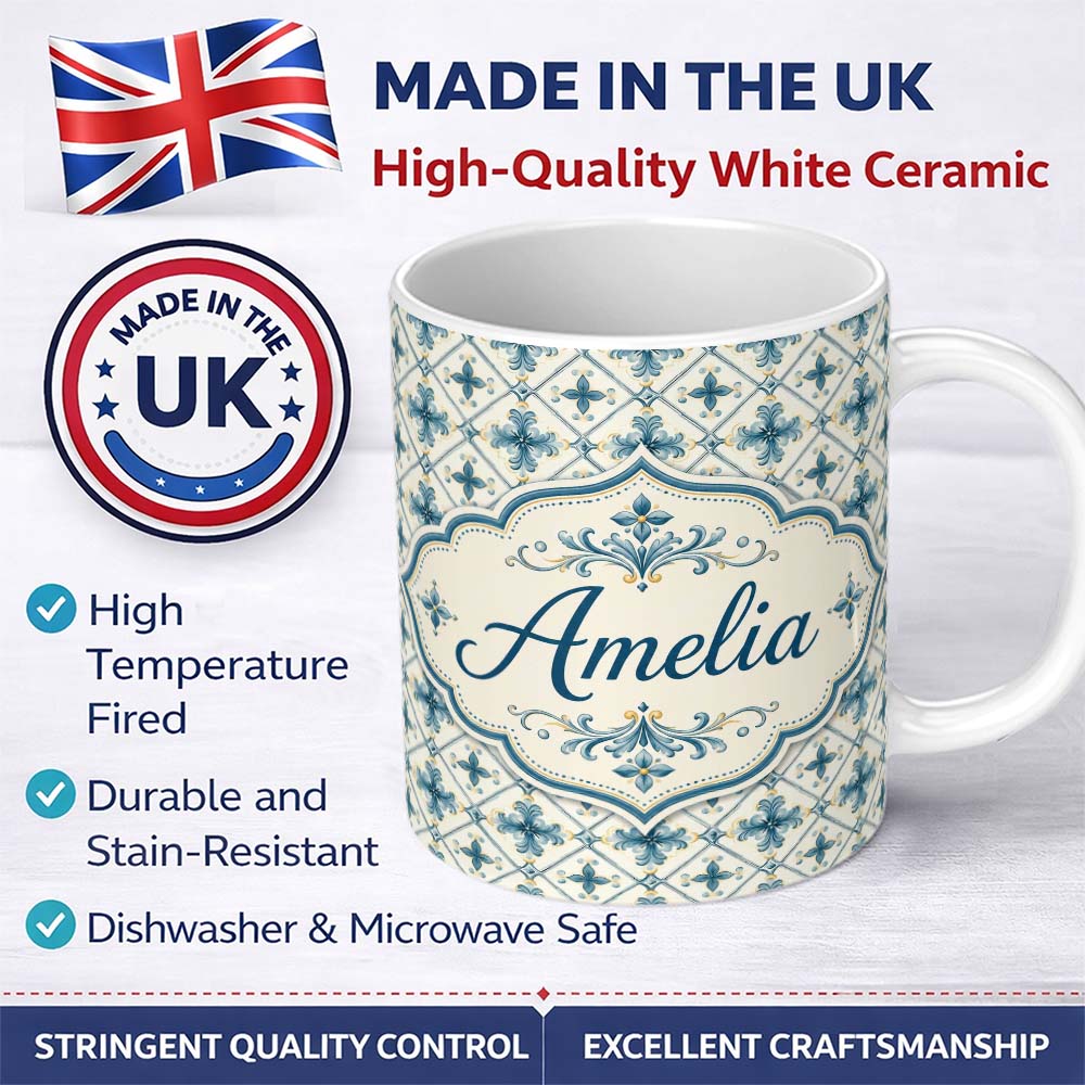 Personalized Custom Name Pale Blue and Cream Traditional Tile Pattern with Floral Medallion 11oz Ceramic Coffee Tea Mug White Large Handle