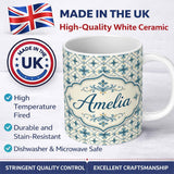 Personalized Custom Name Pale Blue and Cream Traditional Tile Pattern with Floral Medallion 11oz Ceramic Coffee Tea Mug White Large Handle