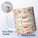 Personalized Custom Name Light Pink Protea Flowers Botanical Seamless Pattern Lovely 11oz Ceramic Coffee Tea Mug White Large Handle