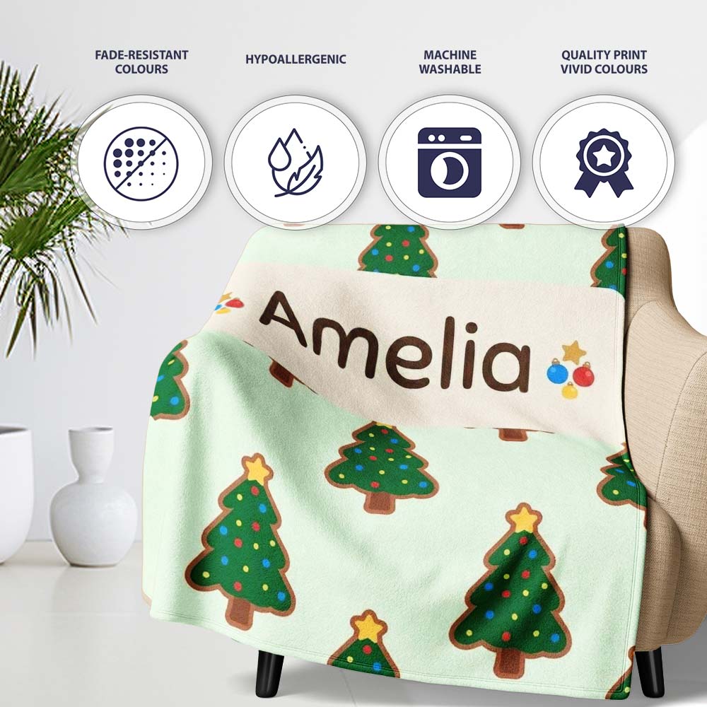 Cute Cartoon Christmas Trees with Colorful Lights Minimal Seamless  Personalised Custom Name Super Soft Fleece Blanket Bed Sofa Throw