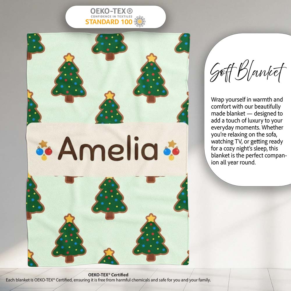 Cute Cartoon Christmas Trees with Colorful Lights Minimal Seamless  Personalised Custom Name Super Soft Fleece Blanket Bed Sofa Throw