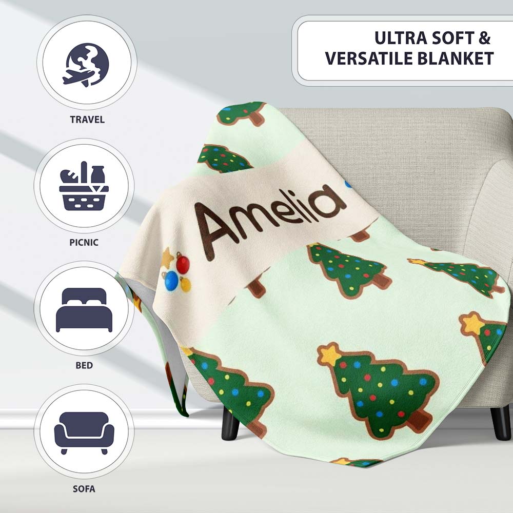 Cute Cartoon Christmas Trees with Colorful Lights Minimal Seamless  Personalised Custom Name Super Soft Fleece Blanket Bed Sofa Throw