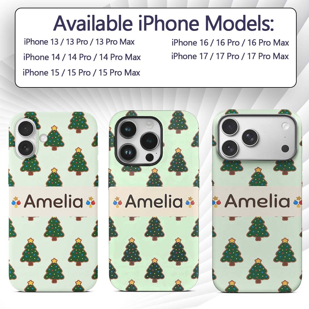 Cute Cartoon Christmas Trees with Colorful Lights Custom Name Protective Phone Case Mobile Cover Durable Everyday Smartphone Shock Resistant