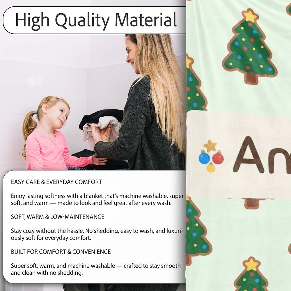 Cute Cartoon Christmas Trees with Colorful Lights Minimal Seamless  Personalised Custom Name Super Soft Fleece Blanket Bed Sofa Throw