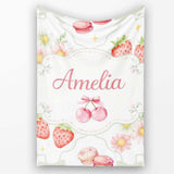 Strawberry Cherry Daisy White Green Outline Cute Coquette Floral  Personalised Custom Name Super Soft Fleece Blanket Bed Sofa Throw