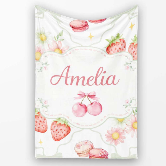 Strawberry Cherry Daisy White Green Outline Cute Coquette Floral  Personalised Custom Name Super Soft Fleece Blanket Bed Sofa Throw
