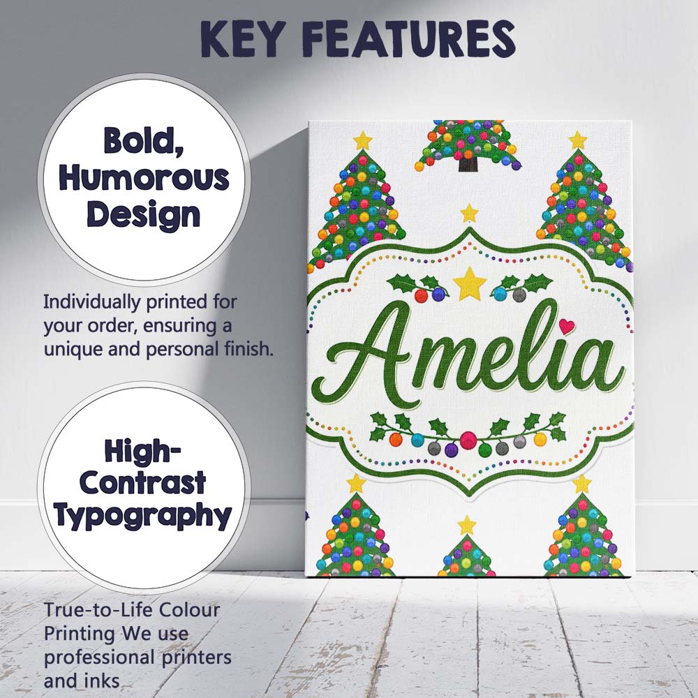 Personalised Name Bright Christmas Trees Custom  Unique Gift Idea Elegant Feature Canvas Wall Art Print Decor Picture Ready to Hang