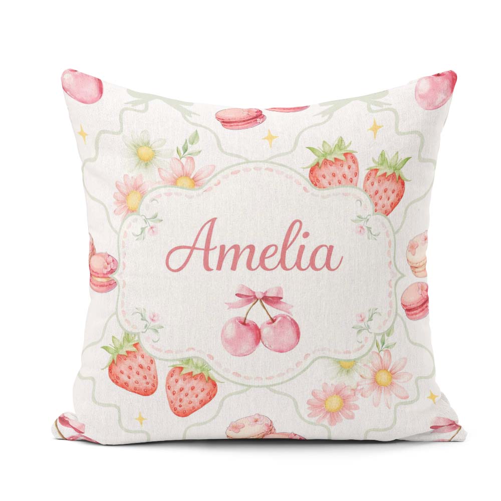 Custom Name Strawberry Cherry Daisy White Green Outline Coquette Square Filled Cushion Throw Pillow Sofa Bed Home Decor Zip Washable UK Made
