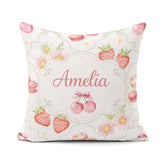 Custom Name Strawberry Cherry Daisy White Green Outline Coquette Square Filled Cushion Throw Pillow Sofa Bed Home Decor Zip Washable UK Made