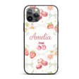 Strawberry Cherry Daisy White Green Outline Cute Custom Name Protective Phone Case Mobile Cover Durable Everyday Smartphone Shock Resistant