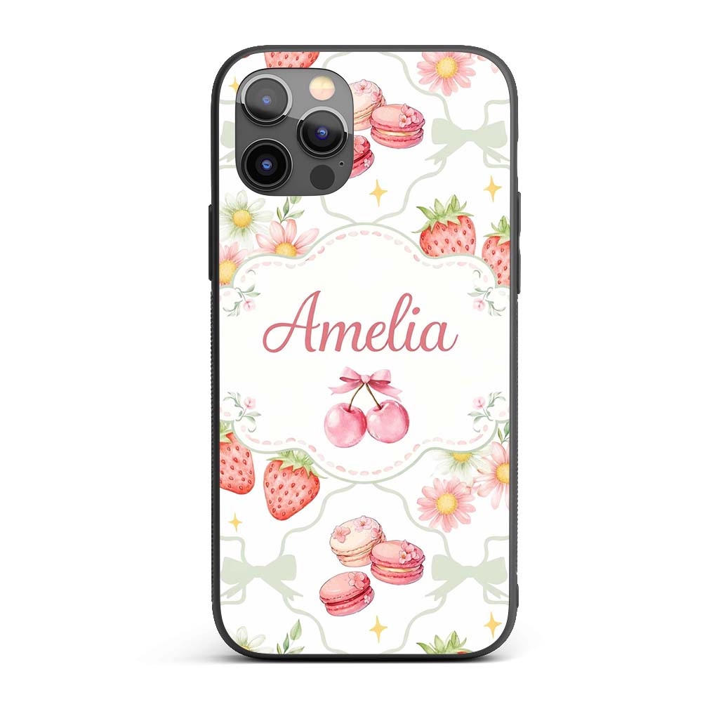Strawberry Cherry Daisy White Green Outline Cute Custom Name Protective Phone Case Mobile Cover Durable Everyday Smartphone Shock Resistant