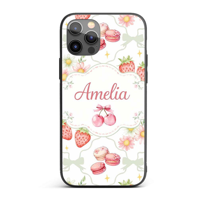 Strawberry Cherry Daisy White Green Outline Cute Custom Name Protective Phone Case Mobile Cover Durable Everyday Smartphone Shock Resistant