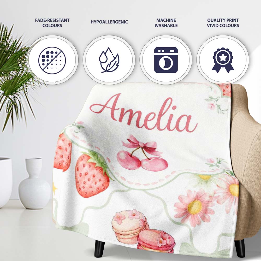 Strawberry Cherry Daisy White Green Outline Cute Coquette Floral  Personalised Custom Name Super Soft Fleece Blanket Bed Sofa Throw