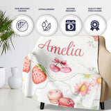 Strawberry Cherry Daisy White Green Outline Cute Coquette Floral  Personalised Custom Name Super Soft Fleece Blanket Bed Sofa Throw