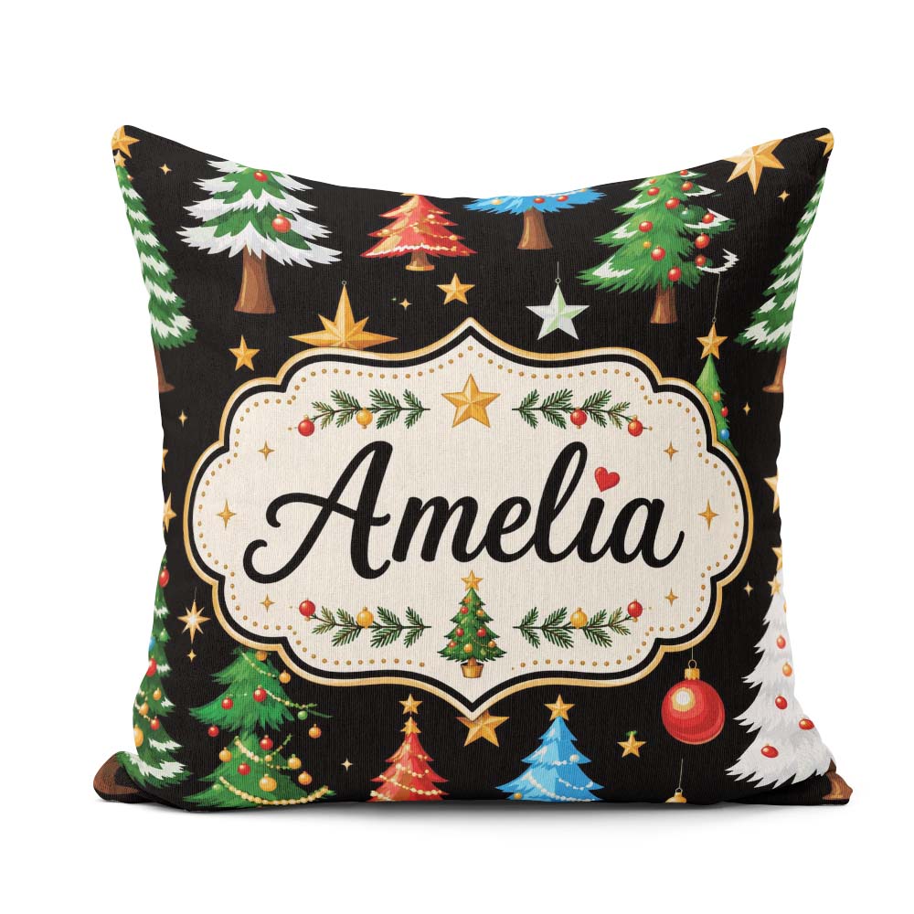 Custom Name Christmas Trees Ornaments Stars and Baubles on Black Square Filled Cushion Throw Pillow Sofa Bed Home Decor Zip Washable UK Made