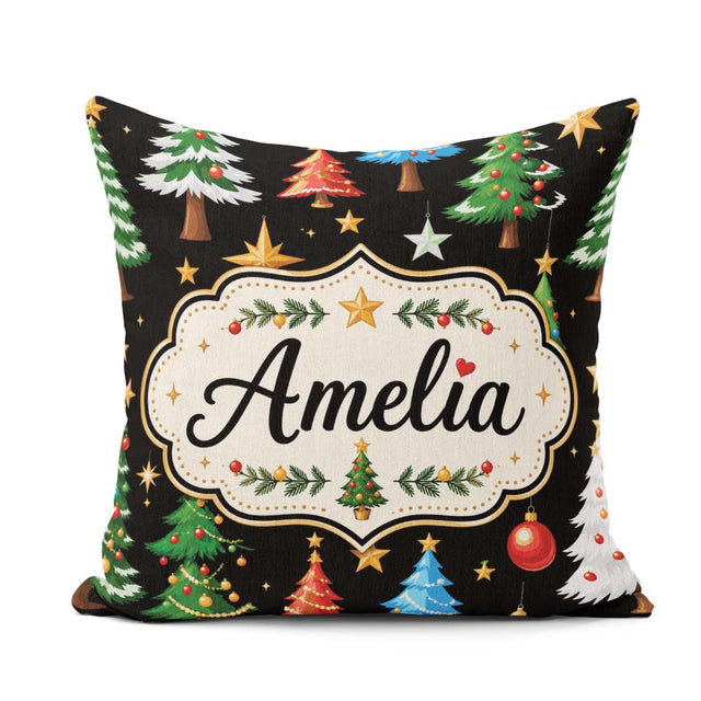 Custom Name Christmas Trees Ornaments Stars and Baubles on Black Square Filled Cushion Throw Pillow Sofa Bed Home Decor Zip Washable UK Made