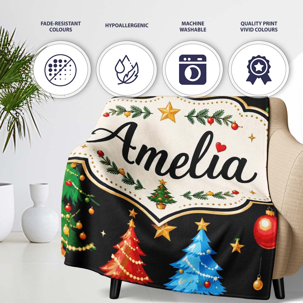 Christmas Trees with Ornaments Stars and Baubles on Black Seamless  Personalised Custom Name Super Soft Fleece Blanket Bed Sofa Throw