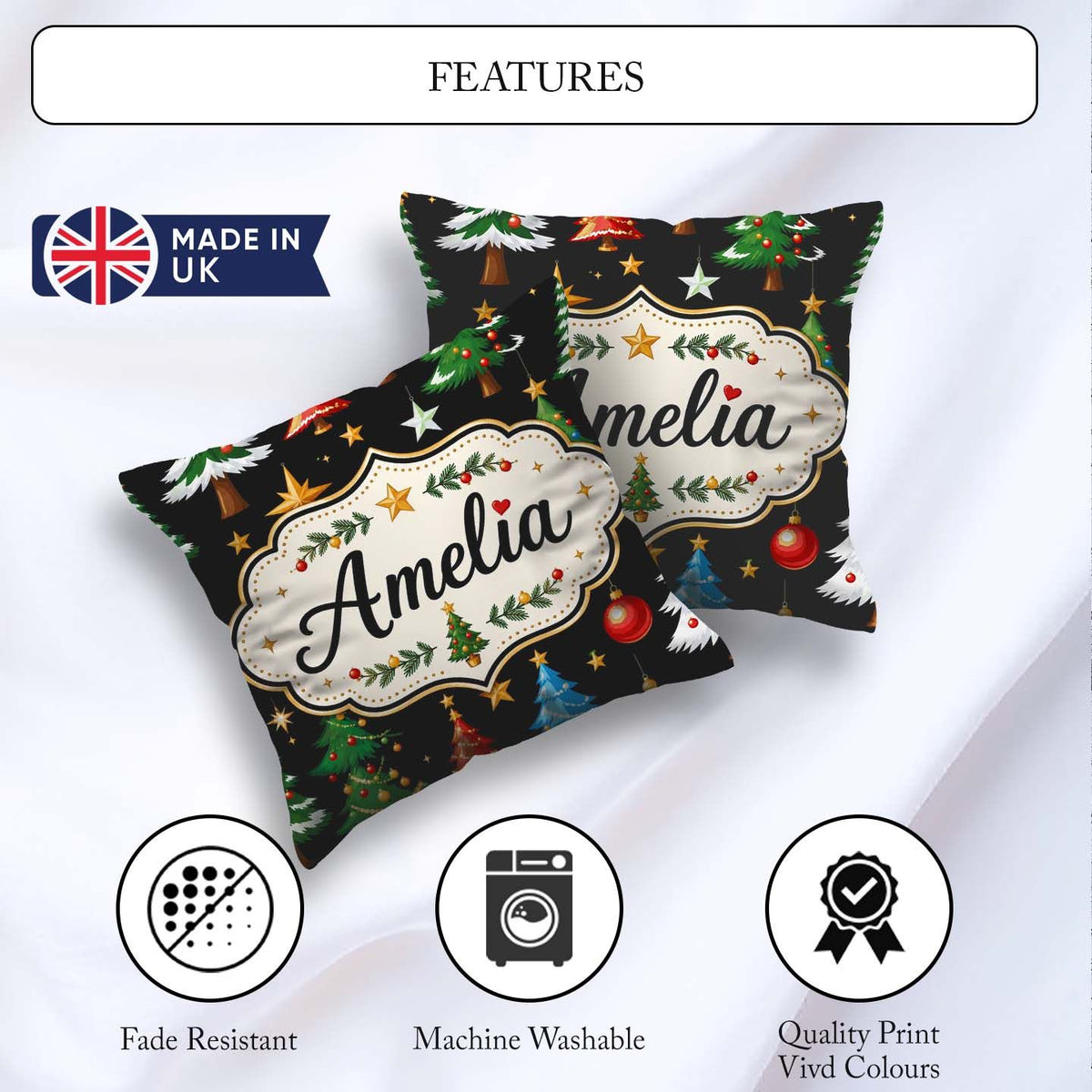 Custom Name Christmas Trees Ornaments Stars and Baubles on Black Square Filled Cushion Throw Pillow Sofa Bed Home Decor Zip Washable UK Made