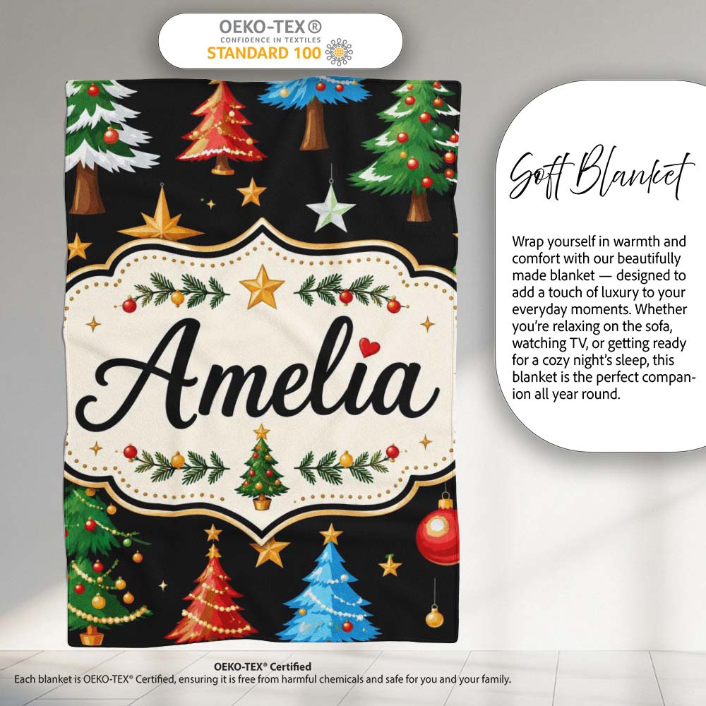 Christmas Trees with Ornaments Stars and Baubles on Black Seamless  Personalised Custom Name Super Soft Fleece Blanket Bed Sofa Throw