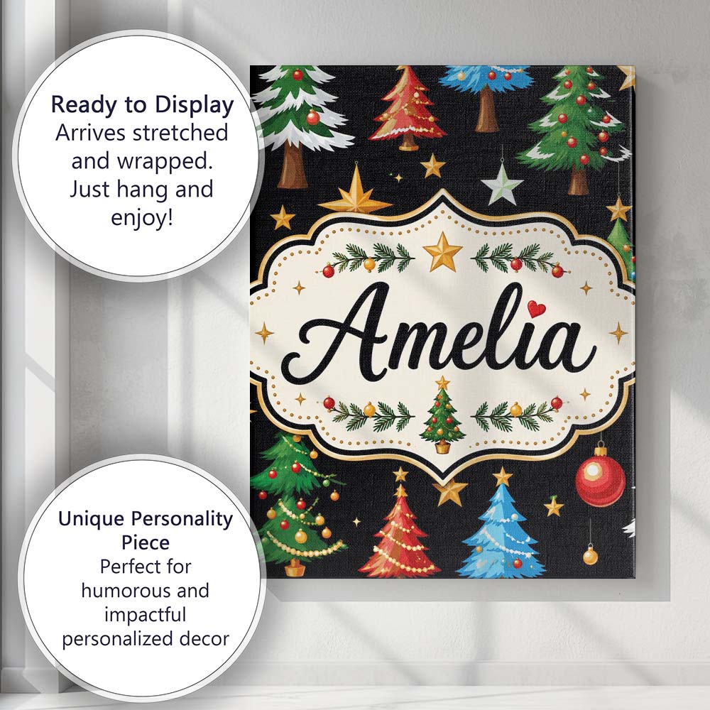 Personalised Name Christmas Trees with Custom  Modern Room Accent Elegant Feature Canvas Wall Art Print Decor Picture Ready to Hang