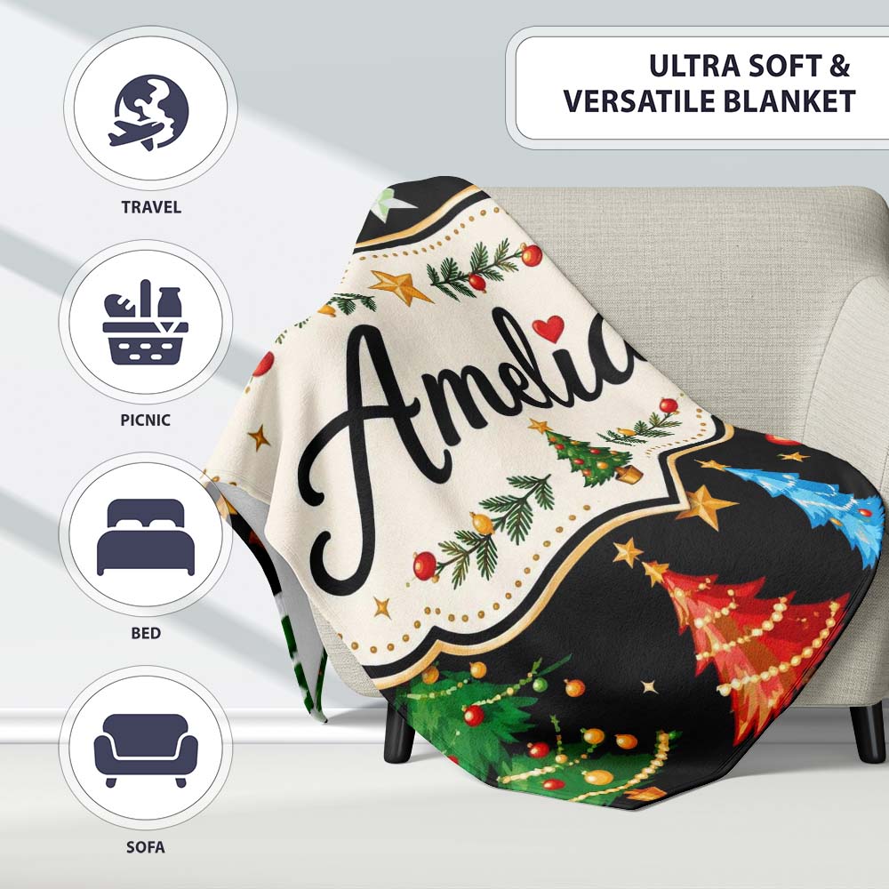 Christmas Trees with Ornaments Stars and Baubles on Black Seamless  Personalised Custom Name Super Soft Fleece Blanket Bed Sofa Throw