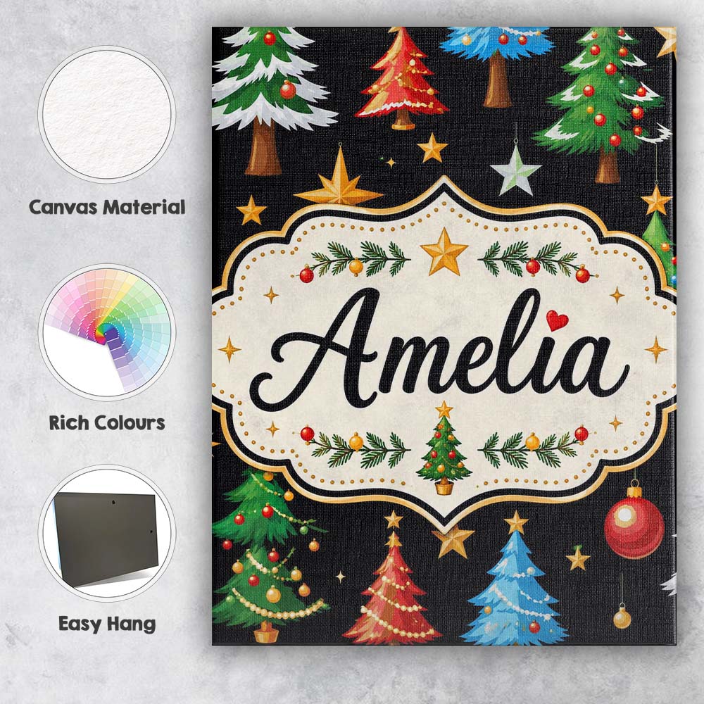 Personalised Name Christmas Trees with Custom  Modern Room Accent Elegant Feature Canvas Wall Art Print Decor Picture Ready to Hang