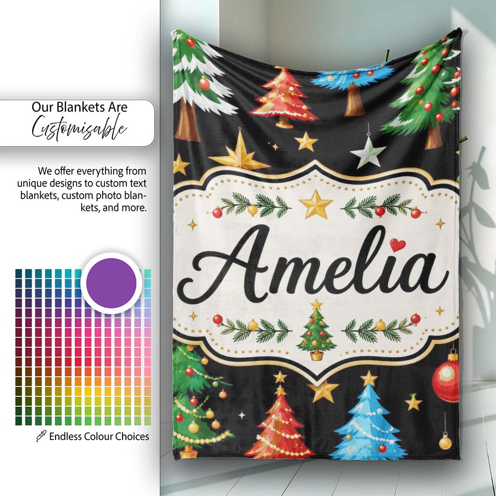 Christmas Trees with Ornaments Stars and Baubles on Black Seamless  Personalised Custom Name Super Soft Fleece Blanket Bed Sofa Throw