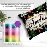 Custom Name Christmas Trees Ornaments Stars and Baubles on Black Square Filled Cushion Throw Pillow Sofa Bed Home Decor Zip Washable UK Made